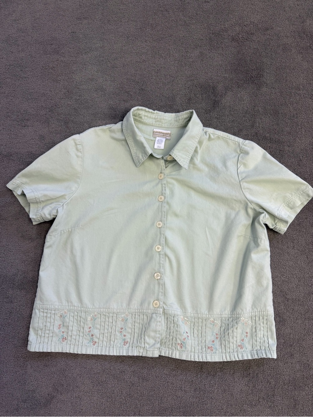 VTG Coldwater Creek Grandma Embroidered Flowers Collared Light Green Button PXL